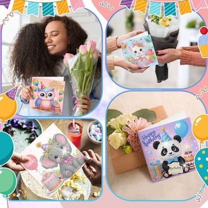 Saillong 12 Pack Happy Birthday Diamond Painting Greeting Card Kits DIY Animal Birthday Diamond Art Cards with Envelopes Cake 5D Rhinestones Painting Kits for Adults DIY Crafts Family Friend Gifts - Image 4