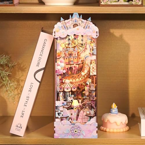 Tonecheer DIY Book Nook Kit for Adults, Booknook Wooden 3D Puzzle Bookend Miniature House Kit, Fantasy Pink Bookshelf Decor with Dust Cover and LED Light for Birthday Gifts (Sweet Dream) - Image 2