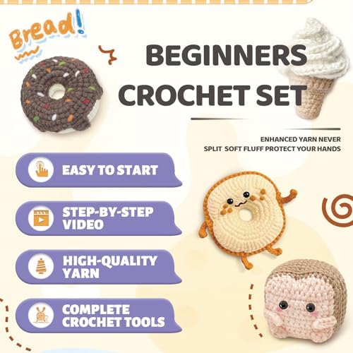YAMAXIN Crochet Kit for Beginners, Beginner Crochet Kits with Step-by-Step Video Tutorials, Crochet Starter Kit for Adults with Yarn Sets (4pc Butter Toast, Bread, Doughnuts, ice Cream) - Image 4