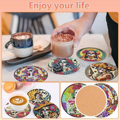 hkejoi Skull Diamond Art Coasters Kit for Adults, 8 Pcs Skull Diamond Painting Coasters with Holder, 5D Gem Art, DIY Crafts Diamond Dots for Gift Home Decor - Image 4
