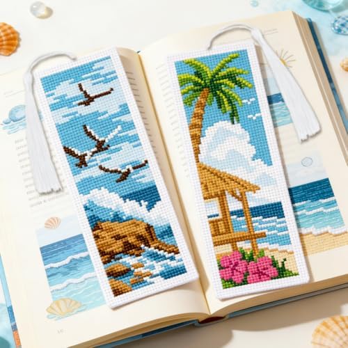 INFUNLY 6 Pack Cross Stitch Bookmark Kit Beach Scenery Stamped Pre-Printed Embroidery Bookmarks for Adults 8.5" x 3" DIY Set with Instructions, Craft Gift for Book Lovers Writers - Image 6