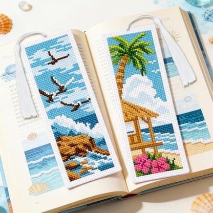 INFUNLY 6 Pack Cross Stitch Bookmark Kit Beach Scenery Stamped Pre-Printed Embroidery Bookmarks for Adults 8.5" x 3" DIY Set with Instructions, Craft Gift for Book Lovers Writers - Image 6