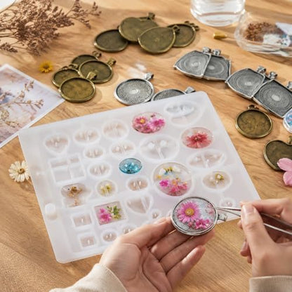 Resin Casting Mold Jewelry Making Kit with 30 Metal Pendant Trays and Silicone Mold, Heart Teardrop Round Oval Square Shapes for DIY Earrings Necklaces Bracelets Crafts Gifts - Image 4