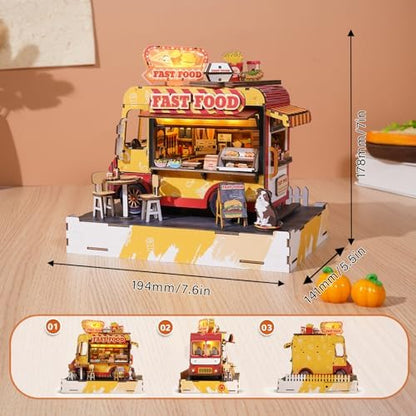 DIY Miniature House Kit (Fast Food Cart) Tiny Dollhouse Kits for Adults to Build, Mini Model Kits with LED Light&Music Box&Dust-Proof Cover, Birthday Gifts for Family Friends - Image 3