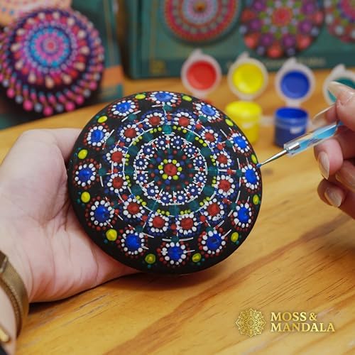 Mandala Rock Painting Kit – Mandala Dotting Tools Set - 5 Large Wooden Rocks + 6 Stencils + Acrylic Paints - Relaxing Arts and Crafts for Adults Women - DIY Hobbies Art and Projects Dot Art Kit - Image 3
