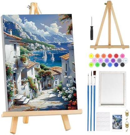 MOGTAA Coastal Town Paint by Numbers Kit for Adults Beginners with Frame, Mountains and Sea Adult Paint by Number Kits on Canvas with Easel, Easy DIY Oil Painting Kits for Home Decor, 8x12in by MOGTAADIYHomeDecor