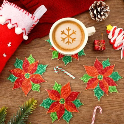 UPINS 8Pcs Christmas Diamond Art Painting Coaster Kit, Poinsettia Coaster Christmas Red Flower Coasters with Holder for Xms DIY Crafts Gifts Holiday Home Kitchen Table Decor - Image 5