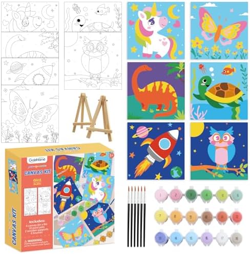 goldentime 6 Pack 8x8inch Paint by Numbers Kit for Kids, Predrawn Canvas for Painting with Unicorn, Butterfly & More, Includes 18 Acrylic Paints, 6 Brushes & Easels, Easy Art Supplies for Kids 4-8-12 by Goldentime