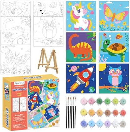 goldentime 6 Pack 8x8inch Paint by Numbers Kit for Kids, Predrawn Canvas for Painting with Unicorn, Butterfly & More, Includes 18 Acrylic Paints, 6 Brushes & Easels, Easy Art Supplies for Kids 4-8-12 by Goldentime