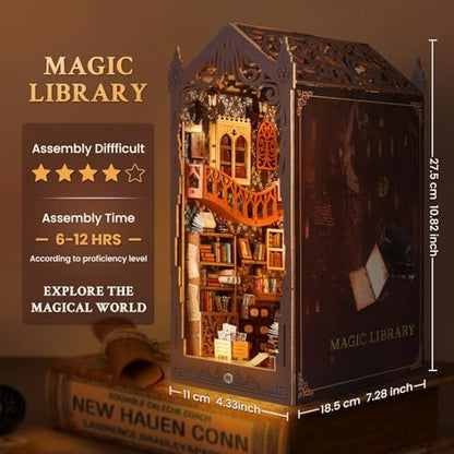 Book Nook Kit Magic Library DIY 3D Puzzle Wooden Dollhouse with LED Lights - Image 3