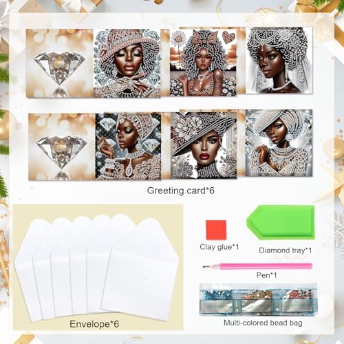 6 Pcs 5D Rhinestone Painting Greeting Cards Kits, Handmade Festival Greeting Cards with Envelopes Laser Effect DIY Diamond Art Crafts Birthday Cards for Birthdays Celebrations (Elegant African) - Image 3