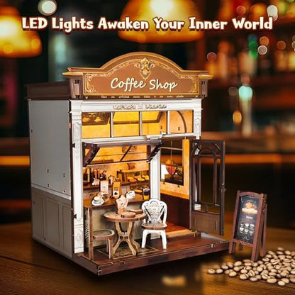 DIY Miniature House Kit, Coffee Shop Book Nook Kit, Mini Building Kit, Dollhouse Kit for Adults and Teens, 3D Wooden Puzzles with LED Light, Craft Kit for Family and Friends(Retro Coffee Shop) - Image 6