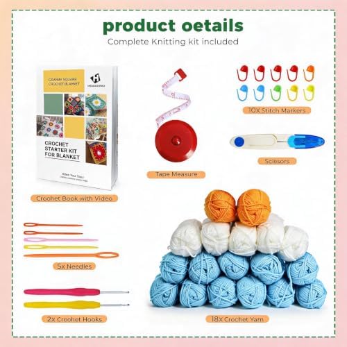 HHSarioneiro Crochet Blanket Kit for Beginners, Easy Granny Square Crochet Kit for Adults,with Step-by-Step Instructions and Clear Videos, Includes Multiple Accessories, Gift for Craft Lovers (Blue) - Image 2