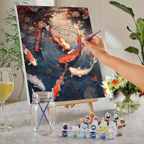 MaiMMaledy Paint by Numbers Kit for Adults Beginners 8Wx12L inch Canvas Pictures with Framed Drawing Painting Works with Wooden Triangle Easel Acrylic Pigment Good Luck Koi - Image 2