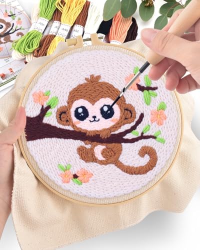 ERKOON Punch Needle Kit for Beginners Adults, DIY Easy Animals Embroidery Set for Starter Art Craft, Needling Punch Project with Patterns, Tools, Yarns, Hoop, Instruction (Monkey) - Image 5