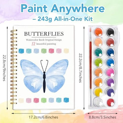 Easy Watercolor Workbook for Beginners - 12 Beautiful Step-by-Step Paintings Water Coloring Book, Includes 16 Colors Paints, Relaxing Art Projects and Creative Gift for Adults & Teen (Butterflies) - Image 4