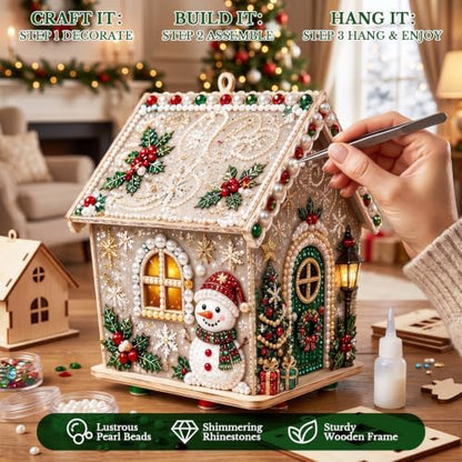 3D Wooden Christmas House Diamond Painting Kit with Pearl Accents- Stocking - Image 2
