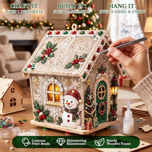 3D Wooden Christmas House Diamond Painting Kit with Pearl Accents-Snowman - Image 2