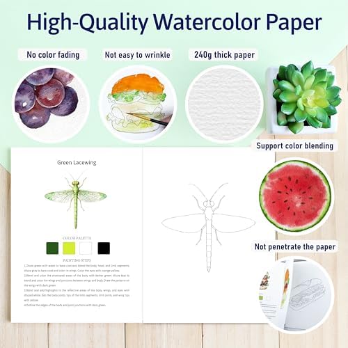 CraftyManor Watercolor Workbook Creative Insect Water color Paint Book Set with Paints & Brush, 12 Patterns of Original DIY Designs, Beginner-Friendly Adult Coloring Books (Insect) - Image 4