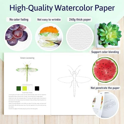 CraftyManor Watercolor Workbook Creative Insect Water color Paint Book Set with Paints & Brush, 12 Patterns of Original DIY Designs, Beginner-Friendly Adult Coloring Books (Insect) - Image 4