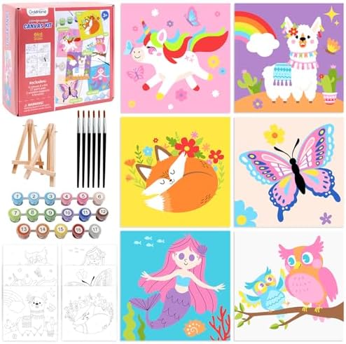 goldentime Kids Paint by Number Kits Including 6 Pre-Drawn Canvas for Painting, 6 Brushes 17 Paints and 2 Easels, Perfect Art Painting Kit, Arts and Crafts Painting for Kids Ages 8-12 by Goldentime