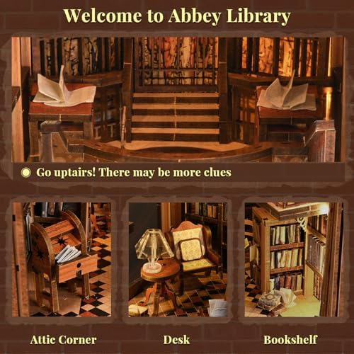 MiniCity Book Nook Kit, DIY Miniature Dollhouse Booknook Kit, 3D Wooden Puzzle Bookend Bookshelf Insert Decor with LED Light for Teens and Adults (Abbey Library) - Image 4
