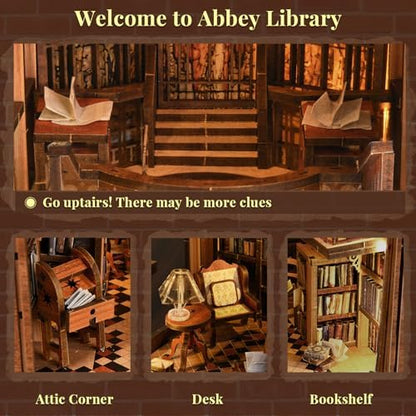 MiniCity Abbey Library Book Nook Kit, 3D Wooden Bookshelf Puzzle with LED - Image 4