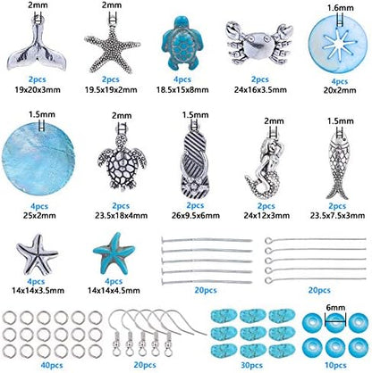SUNNYCLUE 1 Box DIY 10 Pairs Starfish Mermaid Turquoise Earring Making Starter Kit Ocean Beach Summer Theme Earrings Synthetic Turquoise Beads Turtle Fish Crab Slipper Charm for DIY Jewelry Making - Image 2