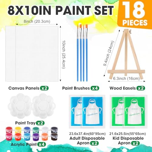 ESRICH 2 Pack 8x10 Canvas and Easel Set, Mini Acrylic Paint, Paint Brushes, Palettes, Aprons, Sip and Paint Kits for Adults Couples Friends Date Night Painting Party Supplies - Image 2