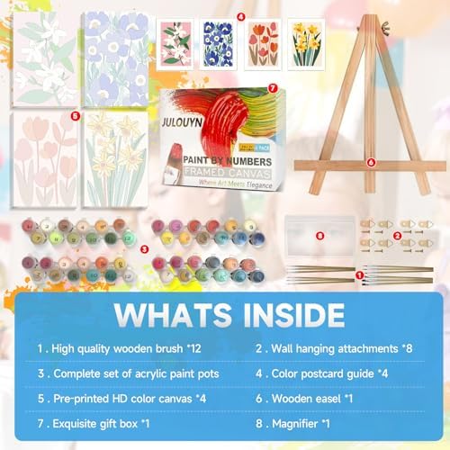 JULOUYN 4 Pack Flower Paint by Numbers Kit for Adults with Framed 8x12in - Image 6