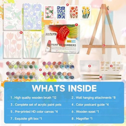 JULOUYN 4 Pack Flower Paint by Numbers Kit for Adults with Framed 8x12in - Image 6