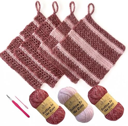 KnitPal Dishcloth Crochet Kit for Beginners (Cherry Red + Blush Pink) by KnitPal