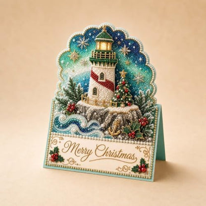 Christmas Diamond Art Greeting Cards Kit for Adults, 6 Pcs DIY Diamond Painting Christmas Cards with Envelopes, 3D Pearl Rhinestone Lighthouse Card Making Craft, Handmade Holiday Gifts - Image 3