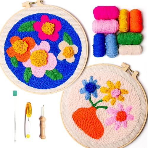 SPINNY Punch Needle Kit, Two Large Floral Designs w/ 2 Embroidery Hoops, Includes Beginner Video Tutorials and Instructions, Beginner Punch Stitch for Adults, Complete Kit for Crafters by SPINNY