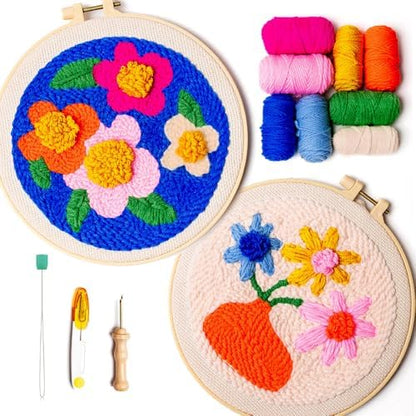 SPINNY Punch Needle Kit, Two Large Floral Designs w/ 2 Embroidery Hoops, Includes Beginner Video Tutorials and Instructions, Beginner Punch Stitch for Adults, Complete Kit for Crafters by SPINNY