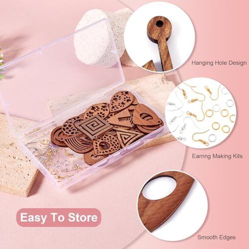11 Pairs Wooden Dangle Earring Set Wooden Dangle Charms Teardrop Oval Rhombus Triangle Wood Earring Blanks with Hooks Unfinished Wood Pendants for Bohemian Jewelry - Image 2