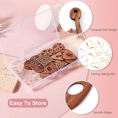 11 Pairs Wooden Dangle Earring Set Wooden Dangle Charms Teardrop Oval Rhombus Triangle Wood Earring Blanks with Hooks Unfinished Wood Pendants for Bohemian Jewelry - Image 2