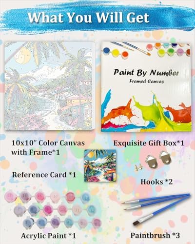 TOCARE Framed Paint by Numbers Kit for Adults, Beach Paint by Number Framed,Simple Oil Paint by Number Kits on Canvas Framed Palm Tree Seascape for Home Wall Decor (10x10 Inch, Without Easel) - Image 6