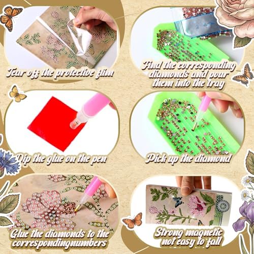 Saillong 12 Pack Vintage Floral Diamond Painting Greeting Card Kits Retro French Flower Diamond Art Cards with Envelopes Pink Flowers 5D Rhinestones Painting Kit for Adult DIY Craft Family Friend Gift - Image 6
