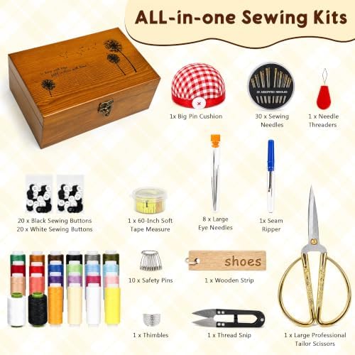 Sewing Kit, Wooden Sewing Kit Box for Adults, Wooden Sewing Basket with Accessories, Home Sewing Basket Stitching Repair Kit for Beginner, Women, Men,Vintage Embroidery Scissors Kit (Retro Brown) - Image 2