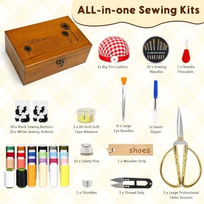 Sewing Kit, Wooden Sewing Kit Box for Adults, Wooden Sewing Basket with Accessories, Home Sewing Basket Stitching Repair Kit for Beginner, Women, Men,Vintage Embroidery Scissors Kit (Retro Brown) - Image 2
