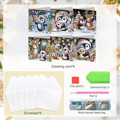 6pcs DIY Diamond Art Christmas Cards Kit with Envelopes & Tools-Diamond Dot Greeting Cards,Xmas 5D Rhinestones Painting for Adults,DIY Craft Family Friend Xmas Gifts(Christmas Penguin) - Image 4