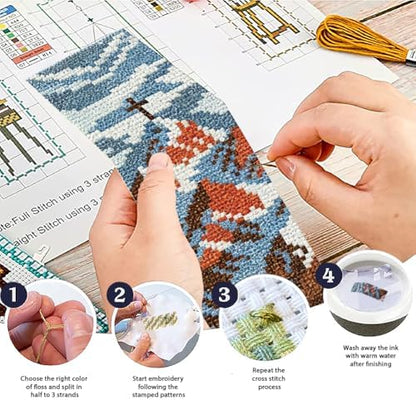 ACRNIGHEET 6PCS Cross Stitch Bookmark Kit for Beginner Stamped Cross Stitch Kits for Adults Nordic Landscapes DIY Embroidery Bookmark Kits Needlepoint Kit with Instructions Craft Gift 8.5''x3'' 11CT - Image 4