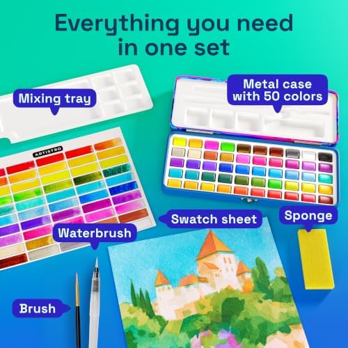 ARTISTRO 50 Watercolor Paint Set with Palette & Brushes for Adults & Kids - Image 2