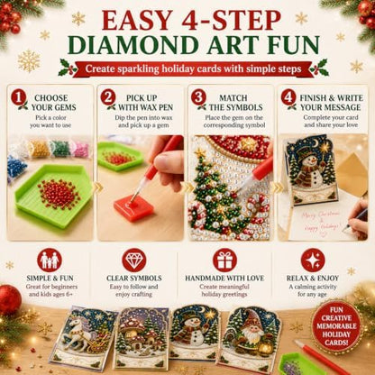 Diamond Art Christmas Cards 6 Pack, 5D DIY Gem Greeting Kits with Envelopes - Image 4