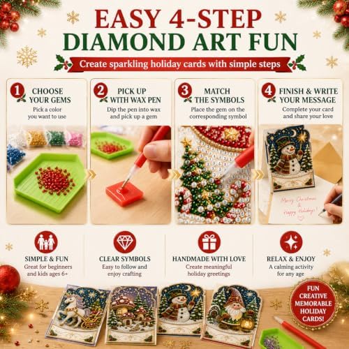 Diamond Art Christmas Cards 6 Pack, 5D DIY Gem Greeting Kits with Envelopes - Image 4