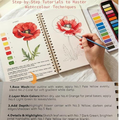 Flower Watercolour Workbook Kit for Beginners, 10.5"x7.5" Oversized Art Set with 12Paints, 14 Pre-Outlined Floral Designs & Step-by-Step Guide for Adults & Teens - Image 3