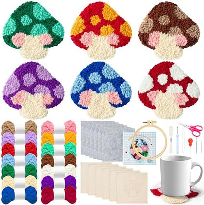 WATINC Punch Needle Coaster Kit - 22Pcs DIY Craft for Beginners, Mushroom by WATINC