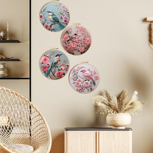 FONNUY Embroidery Kit for Beginners, Hummingbird Flowers Pre-Stamped Pattern Kits for Adults with Hoop, Easy to Follow Color Thread Needlework, 8''Hoop (Lightpink) - Image 6