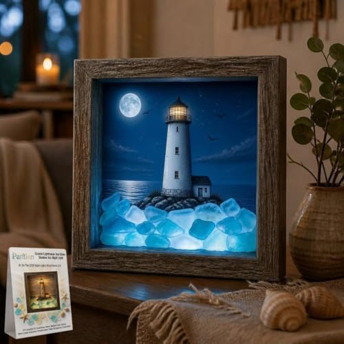 Coastal Lighthouse Sea Glass Shadow Box Night Light Nautical Beach Lamp Home Decor DIY Wooden Picture Frame Ocean Theme Craft Kit Starfish Shells Art Bedside Reading Corner Gift for Adult(#2,Battery) by Unknown